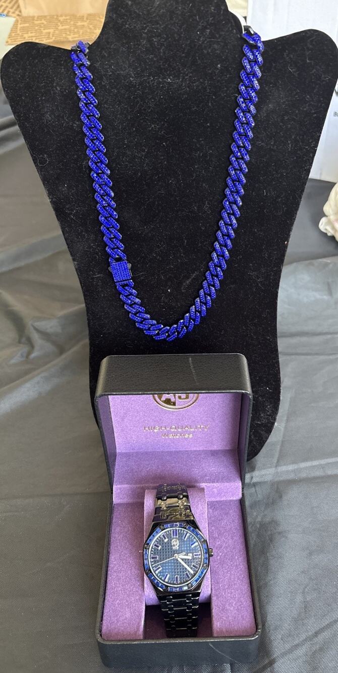 AJ USA Watch & 22" Cuban Chain Set Blue Crystals Black Stainless Steel New